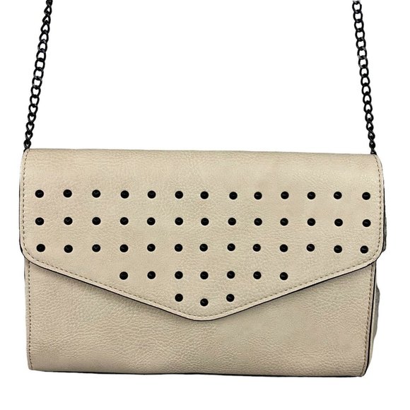 Neiman Marcus Vegan Leather Studded Crossbody Bag Beige Chain Envelope NEW Purse - Picture 2 of 8